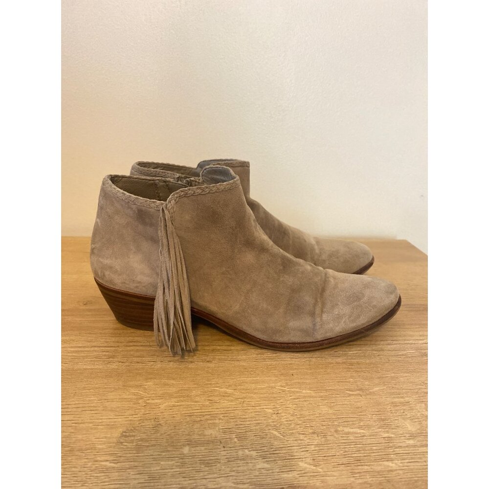Sam Edelman Women's Taupe Suede Ankle Boots With Fringe & Stacked Heel Size 8